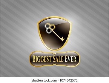   Gold shiny emblem with key icon and Biggest Sale Ever text inside