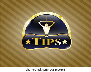  Gold shiny emblem with lat pull down, exercise icon and Tips text inside