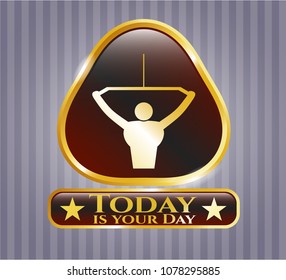   Gold shiny emblem with lat pull down, exercise icon and Today is your Day text inside