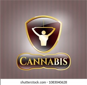   Gold shiny emblem with lat pull down, exercise icon and Cannabis text inside