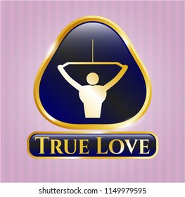 Gold shiny emblem with lat pull down, exercise icon and True Love text inside