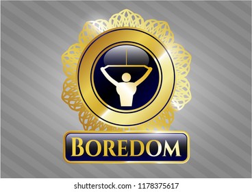  Gold shiny emblem with lat pull down, exercise icon and Boredom text inside