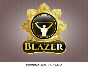  Gold shiny emblem with lat pull down, exercise icon and Blazer text inside