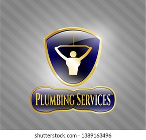  Gold shiny emblem with lat pull down, exercise icon and Plumbing Services text inside