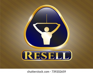  Gold shiny emblem with lat pull down, exercise icon and Resell text inside