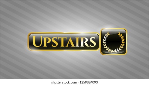  Gold shiny emblem with leaf crown icon and Upstairs text inside