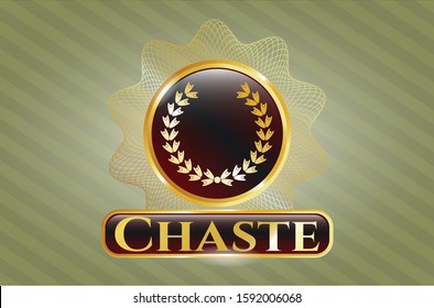  Gold shiny emblem with leaf crown icon and Chaste text inside