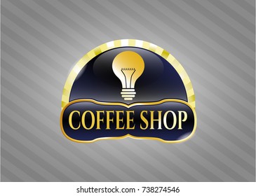  Gold shiny emblem with light bulb icon and Coffee Shop text inside