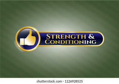  Gold shiny emblem with like icon and Strength and Conditioning text inside