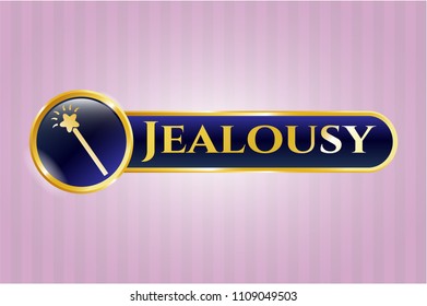   Gold shiny emblem with magic stick icon and Jealousy text inside