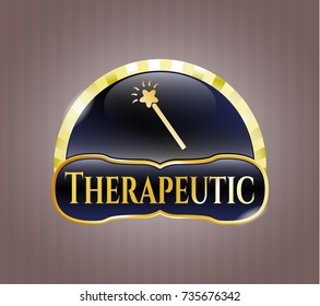  Gold shiny emblem with magic stick icon and Therapeutic text inside