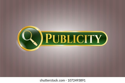   Gold shiny emblem with magnifying glass icon and Publicity text inside