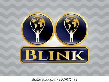 Gold shiny emblem with man lifting world icon and Blink text inside