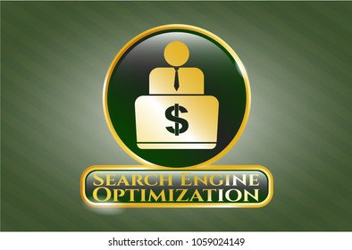  Gold shiny emblem with man working on computer icon and Search Engine Optimization text inside