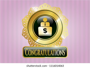  Gold shiny emblem with man working on computer icon and Congratulations text inside