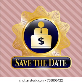  Gold shiny emblem with man working on computer icon and Save the Date text inside