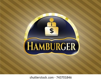  Gold shiny emblem with man working on computer icon and Hamburger text inside