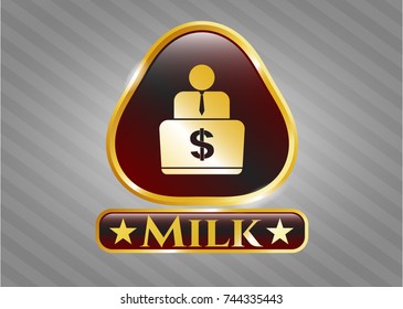  Gold shiny emblem with man working on computer icon and Milk text inside