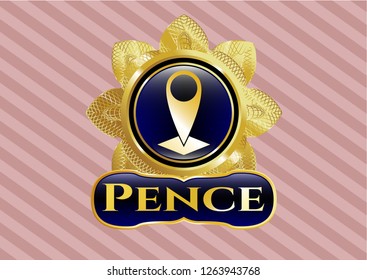  Gold shiny emblem with map pointer icon and Pence text inside