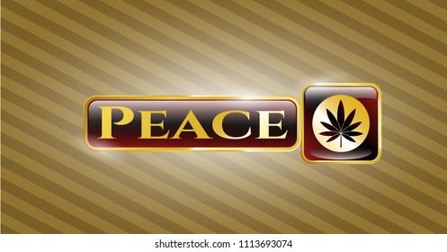 Gold shiny emblem with marijuana leaf icon and Peace text inside with marijuana leaf icon and Peace text inside