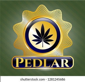  Gold shiny emblem with marijuana leaf icon and Pedlar text inside