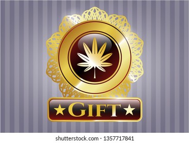  Gold shiny emblem with marijuana leaf, weed icon and Gift text inside