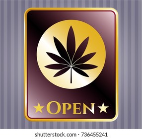  Gold shiny emblem with marijuana leaf icon and Open text inside