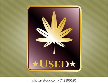  Gold shiny emblem with marijuana leaf, weed icon and Used text inside