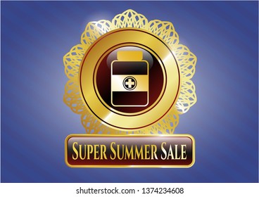  Gold shiny emblem with medicine bottle icon and Super Summer Sale text inside