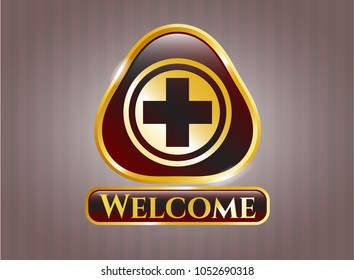   Gold shiny emblem with medicine icon and Welcome text inside