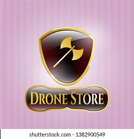  Gold shiny emblem with medieval axe icon and Drone Store text inside