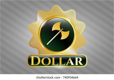  Gold shiny emblem with medieval axe icon and Dollar text inside