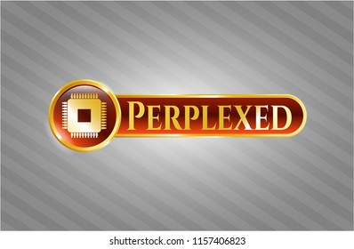  Gold shiny emblem with microchip, microprocessor icon and Perplexed text inside