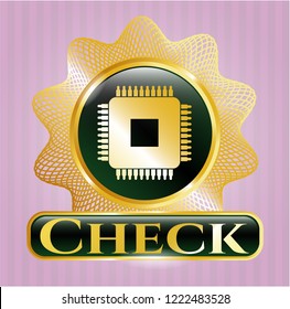  Gold shiny emblem with microchip, microprocessor icon and Check text inside