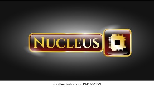  Gold shiny emblem with microchip, microprocessor icon and Nucleus text inside