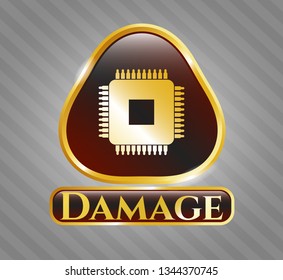  Gold shiny emblem with microchip, microprocessor icon and Damage text inside