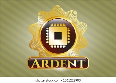  Gold shiny emblem with microchip, microprocessor icon and Ardent text inside