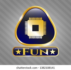  Gold shiny emblem with microchip, microprocessor icon and Fun text inside