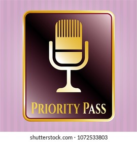   Gold shiny emblem with microphone icon and Priority Pass text inside