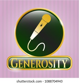  Gold shiny emblem with microphone icon and Generosity text inside