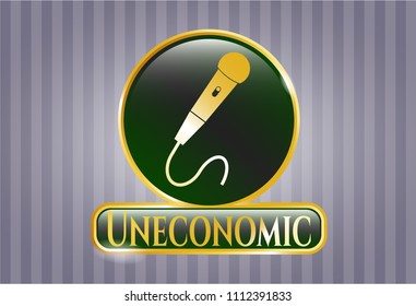   Gold shiny emblem with microphone icon and Uneconomic text inside
