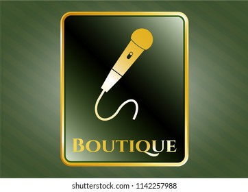  Gold shiny emblem with microphone icon and Boutique text inside