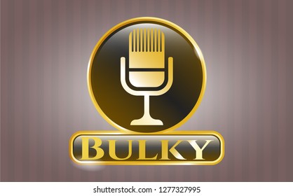  Gold shiny emblem with microphone icon and Bulky text inside