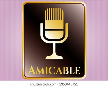  Gold shiny emblem with microphone icon and Amicable text inside