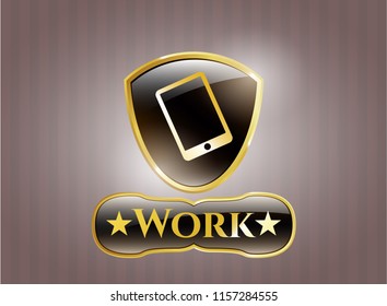  Gold shiny emblem with mobile phone icon and Work text inside