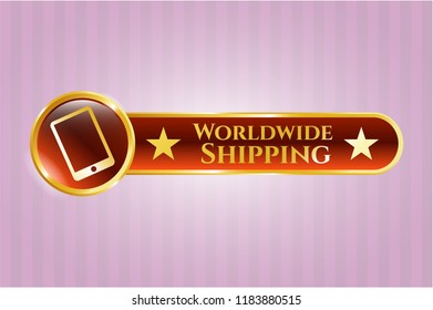  Gold shiny emblem with mobile phone icon and Worldwide Shipping text inside