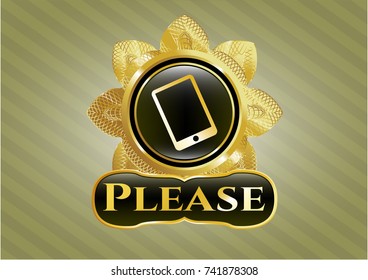  Gold shiny emblem with mobile phone icon and Please text inside