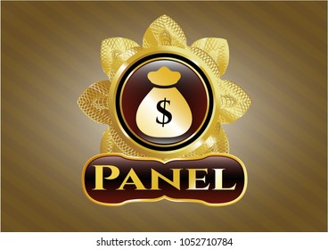  Gold shiny emblem with money bag icon and Panel text inside