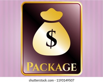  Gold shiny emblem with money bag icon and Package text inside