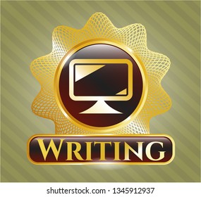  Gold shiny emblem with monitor icon and Writing text inside